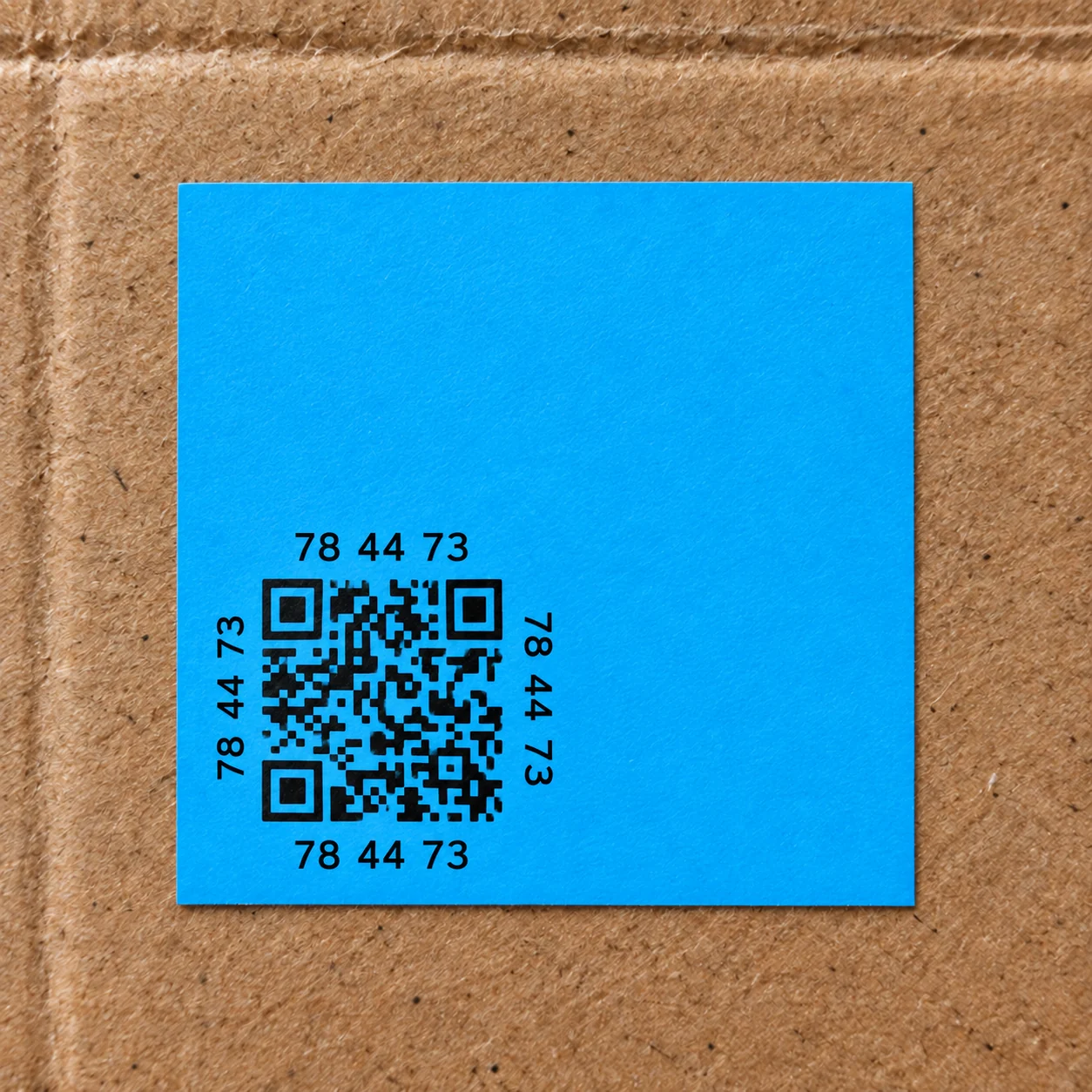 Etichetta QR intelligente MemSticker blu applicata a una scatola